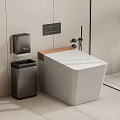 Modern White Toilet with Silver Trash Bin Soap Dispenser Light Walls Glass Shower and Bathroom