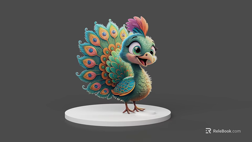 Vibrant 3D Peacock Chick With Colorful Crest And Tail Feathers Standing On White Base 3d model 