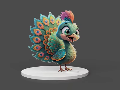 Vibrant 3D Peacock Chick With Colorful Crest And Tail Feathers Standing On White Base 3d model