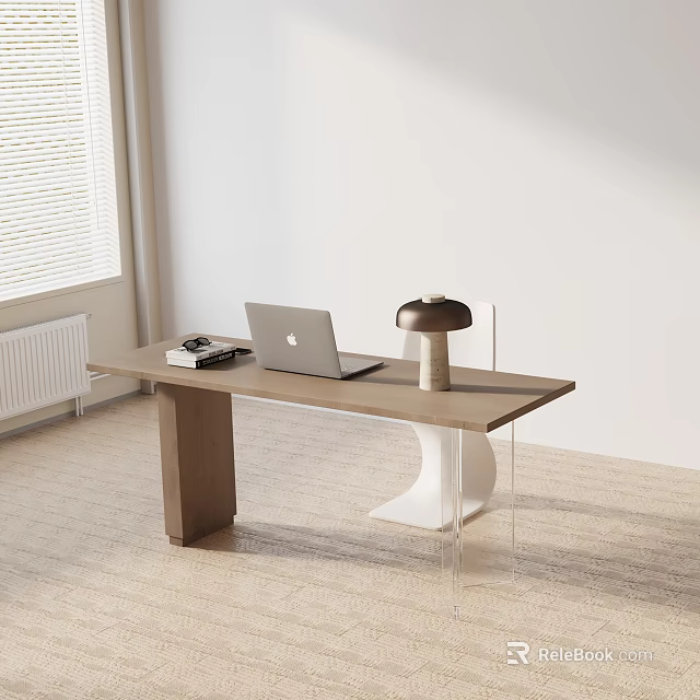 Modern Dining Table Set Wooden Top And White Curved Legs Featuring Laptop Lamp And Small Items 3d model 