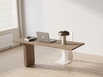 Modern Dining Table Set Wooden Top And White Curved Legs Featuring Laptop Lamp And Small Items 3d model