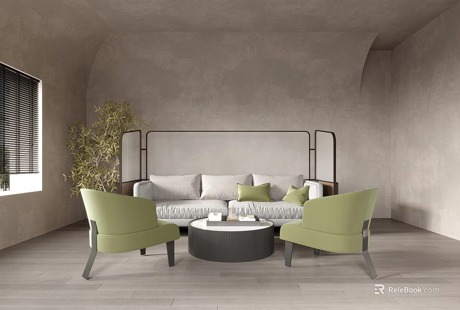 Light Gray Sofa Coffee Table Set With Green Armchairs And Round Table 3d model 