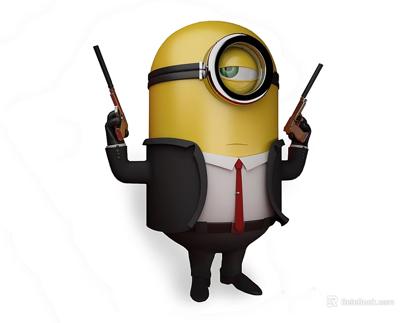 Minion Movie Character Wearing Black Suit With Red Tie Holding Two Guns 3d model 