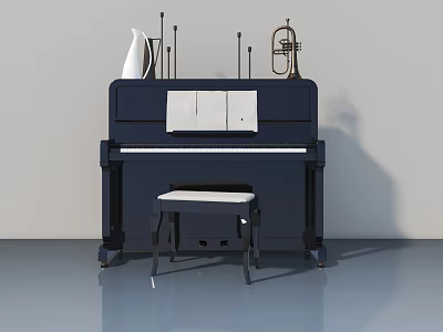 Modern Blue Piano With White Flat Panel Doors Musical Instruments And Bench 3d model