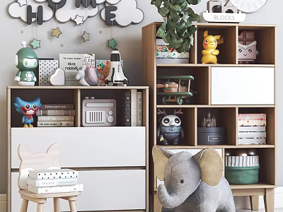 Kids Room Decorative Cabinet With Stuffed Animals Toys Books Green Plant And Organized Storage 3d model