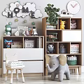Kids Room Decorative Cabinet With Stuffed Animals Toys Books Green Plant And Organized Storage