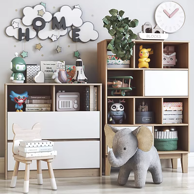Kids Room Decorative Cabinet With Stuffed Animals Toys Books Green Plant And Organized Storage 3d model
