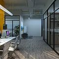 Modern Office Interior With Black Stone Wall LOGO Green Plants Stone Decoration Office Desks And Windows