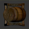 Vintage Wooden Barrel With Metal Hoops On Sturdy Wooden Stand For Household Storage