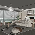 Modern Living Dining Room Interior With Large Windows Blinds Chandelier Sofa Coffee Table And Rug