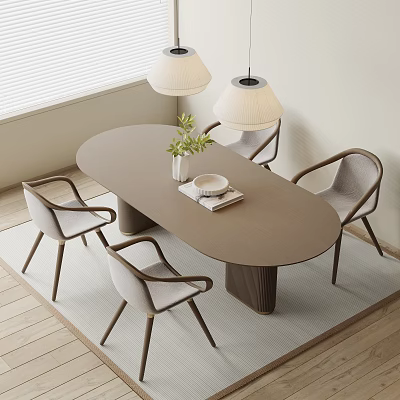 Modern Oval Dining Table Set With Upholstered Chairs Green Plant Pendant Lights And Wooden Floor 3d model