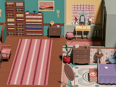 Cartoon Room Scene With Bookshelves Patterned Rug Dresser Plant Chair And Bed 3d model