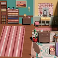 Cartoon Room Scene With Bookshelves Patterned Rug Dresser Plant Chair And Bed