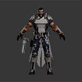 Futuristic Sci Fi Bearded Male Character In Metallic Armor With Long Coat And Weapon