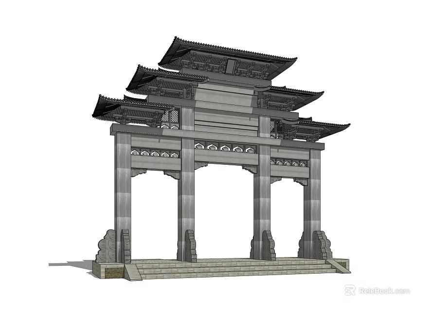 Traditional Chinese Archway Featuring Stone Structure Multi Layered Eaves And Intricate Carvings 3d model 