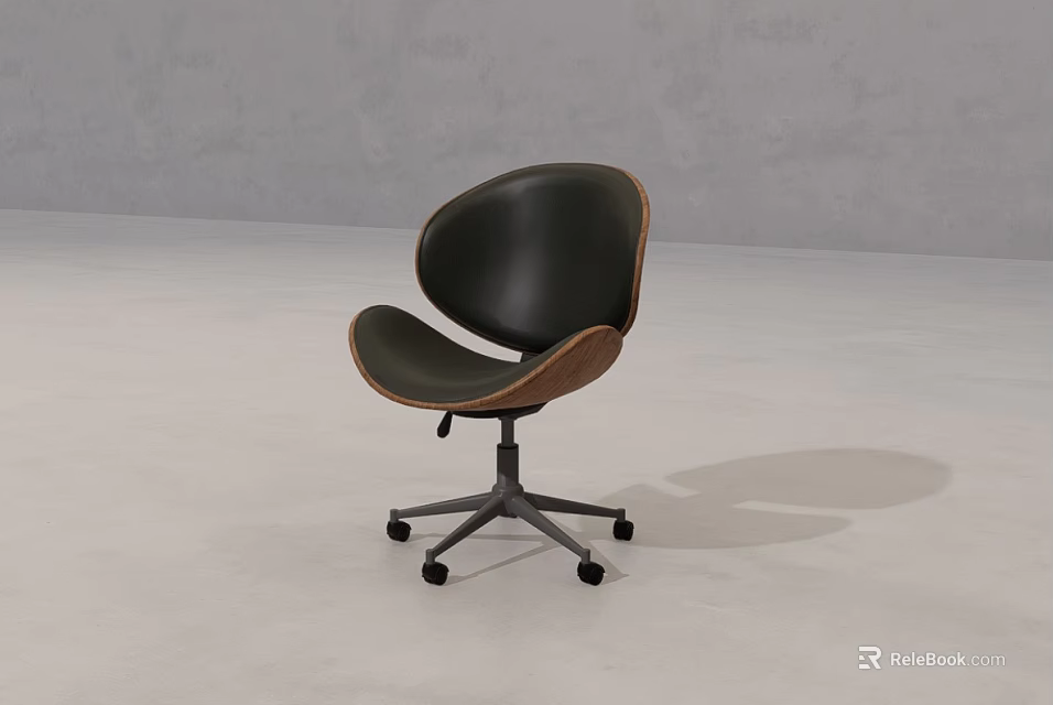 Modern Office Chair with Black Leather Seat Brown Wooden Edges Metal Base and Five Wheels 3d model 