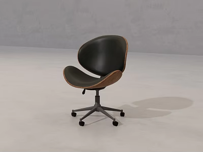 Modern Office Chair with Black Leather Seat Brown Wooden Edges Metal Base and Five Wheels 3d model