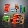 Colorful Wooden Household Supplies With Weaving Tools Storage Shelves And Fabric Rolls