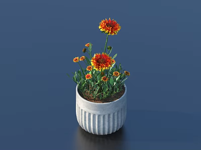 Potted Bonsai Plant with Vibrant Orange Red Flowers and Green Leaves in White Ribbed Pot 3d model