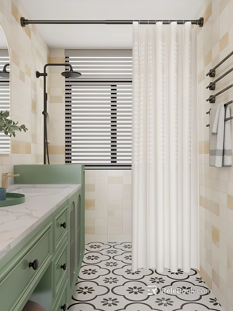 Modern Cozy Bathroom Interior With Green Vanity And Neat Tiled Shower Area For Daily Use 3d model 