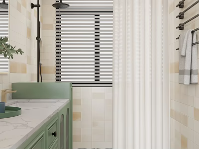 Modern Cozy Bathroom Interior With Green Vanity And Neat Tiled Shower Area For Daily Use 3d model