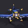 Blue Block Model Airplane With Yellow Black Propeller Cockpit And Wing Details