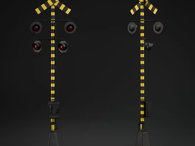 Outdoor Lights with Yellow And Black Striped Poles and Multiple Round Red Lamps 3d model