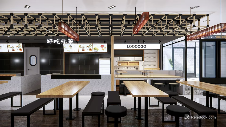 Modern Restaurant Interior With Wooden Long Tables Black Stools And Grid Ceiling 3d model 