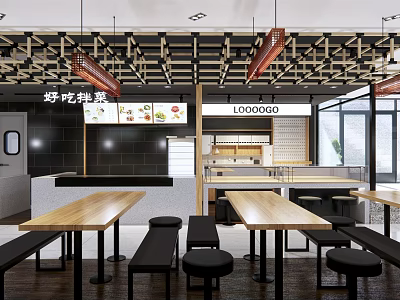 Modern Restaurant Interior With Wooden Long Tables Black Stools And Grid Ceiling 3d model