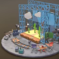 Cartoon Scene Setup With Blue Metal Frame Clouds Cacti Yellow Ground And Filming Props