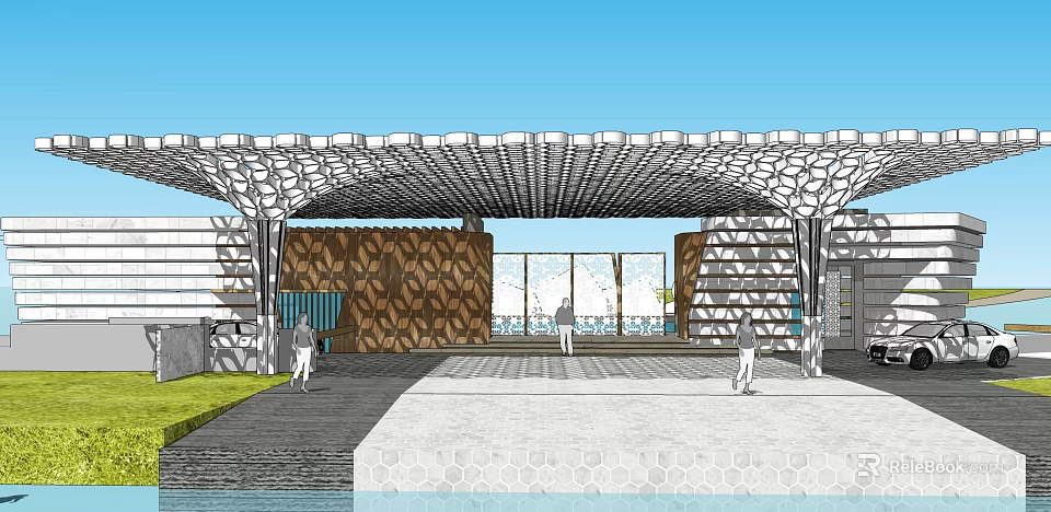 Modern Entrance Gate With Geometric Perforated Canopy Wooden Panels Glass Wall And Stone Ground 3d model 