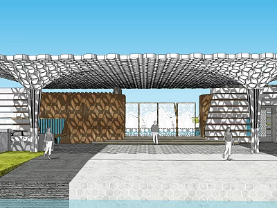 Modern Entrance Gate With Geometric Perforated Canopy Wooden Panels Glass Wall And Stone Ground 3d model
