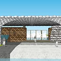 Modern Entrance Gate With Geometric Perforated Canopy Wooden Panels Glass Wall And Stone Ground