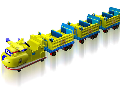 Colorful Kids Train Ride Playground Equipment with Yellow Carriages Blue Details and Red Wheels 3d model