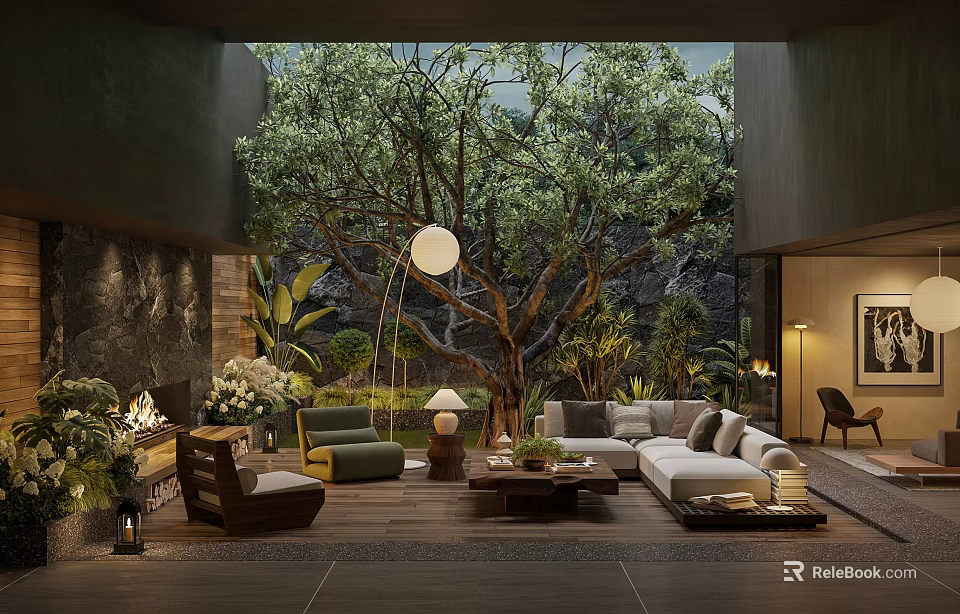 Indoor Garden Landscape Design With Large Tree Green Plants And Comfortable Sofa Set 3d model 