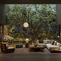Indoor Garden Landscape Design With Large Tree Green Plants And Comfortable Sofa Set