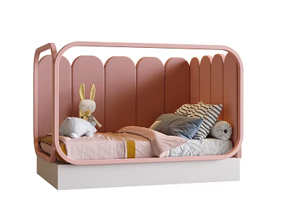 Pink Children's Bed With Rabbit Ear Design And Stuffed Rabbit Pillow 3d model