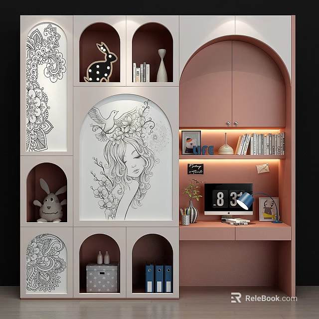 Modern Pastel Pink Arched Wardrobe With Decorative Painting And Storage Shelves 3d model 