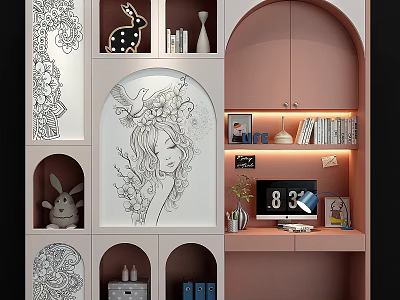 Modern Pastel Pink Arched Wardrobe With Decorative Painting And Storage Shelves 3d model