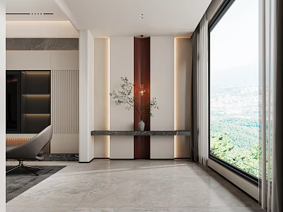 Modern Spacious Home Balcony With Long Console Table Vase Plant Large Windows And Mountain View 3d model