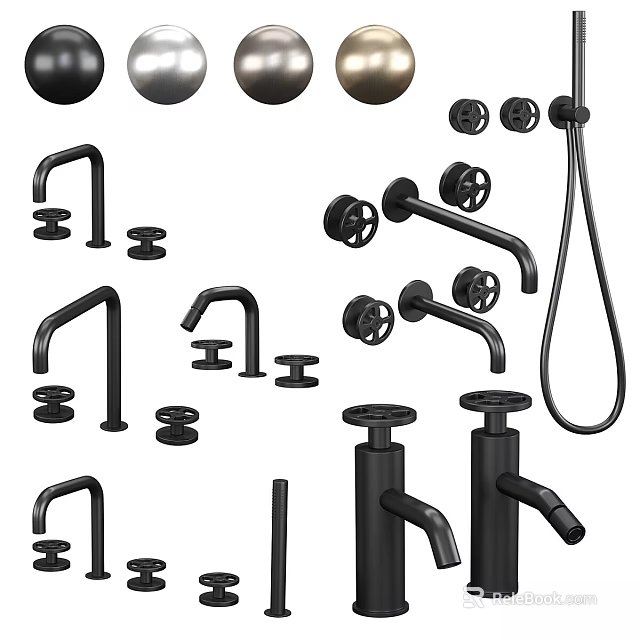 Modern Black Faucets With Various Styles Handles And Spouts For Kitchen Bathroom 3d model 