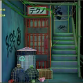 Narrow Urban Corridor With Teal Walls Graffiti Trash Can Garbage Bags Staircase And Techno Sign