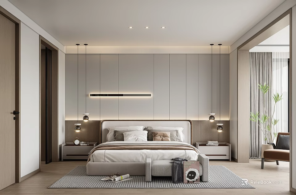 Modern Elegant Minimalist Bedroom Interior With Headboard Wall Pendant Lights Nightstands Rug And Potted Plant 3d model 