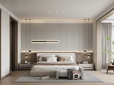 Modern Elegant Minimalist Bedroom Interior With Headboard Wall Pendant Lights Nightstands Rug And Potted Plant 3d model