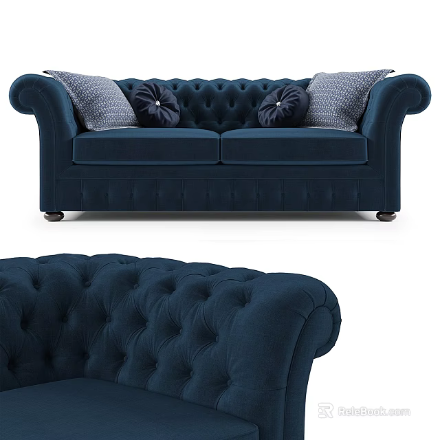 Navy Blue Velvet Two Seater Sofa with Tufted Back Scroll Arms and Decorative Patterned Pillows 3d model