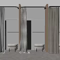 Elegant Clothing Store Interior With Beige Curtains Wooden Frames And Stools On Marble Floor