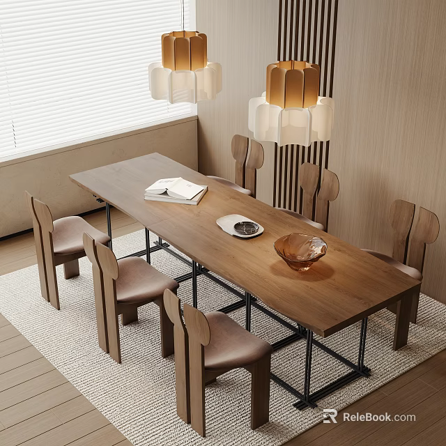 Modern Wooden Dining Table Set Six Curved Backrest Chairs Table Decor Wooden Wall Pendant Lights 3d model 