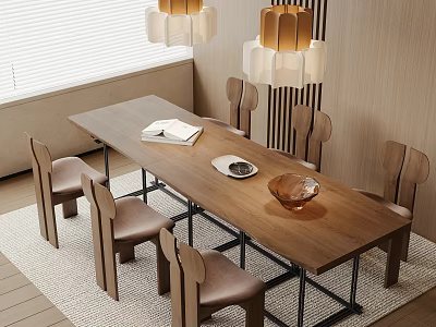Modern Wooden Dining Table Set Six Curved Backrest Chairs Table Decor Wooden Wall Pendant Lights 3d model