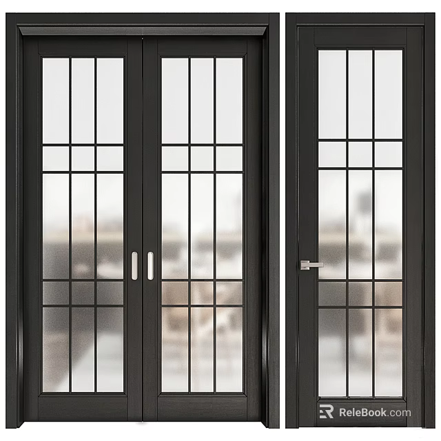 Modern Swing Doors With Black Frame Glass Panel Grid Design For Home Interior 3d model 