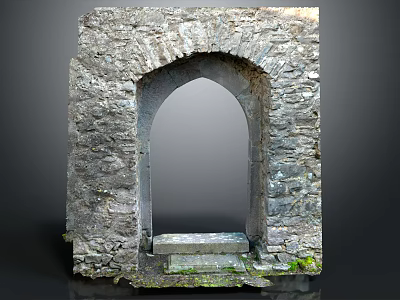 Ancient Stone Building Featuring Arched Doorway With Stone Steps And Moss 3d model
